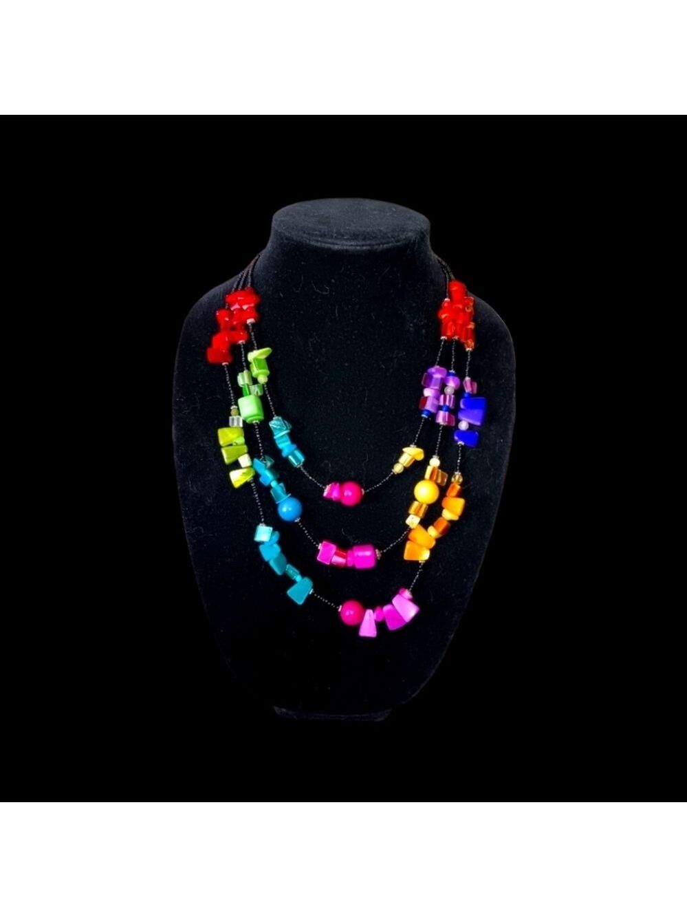 Bohemian Necklace 3 Strand Multicolor 13 Inch Drop